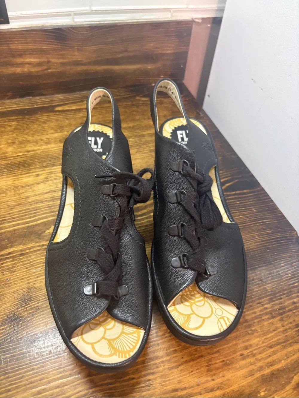 Fly London black Lace Up Open Toe Wedges Size 41 ( Size 10)
